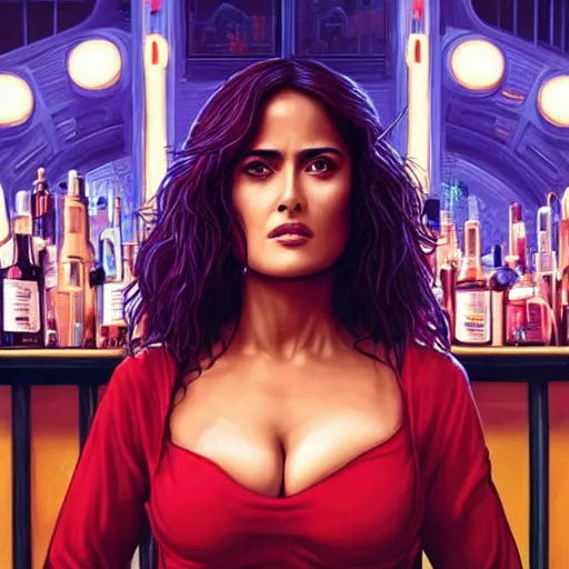 Image similar to salma hayek in a cyberpunk city bar, perfect proportions, beautiful face, perfect eyes, real life colors, elegant, sharp focus, hyper - realistic, 4 k, highly detailed, hd, dramatic lighting by brom