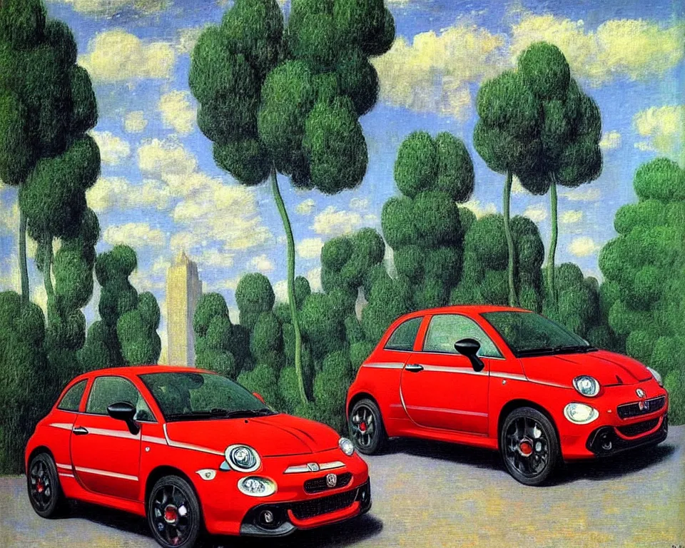 Prompt: achingly beautiful painting of a new fiat abarth by rene magritte, monet, and turner.