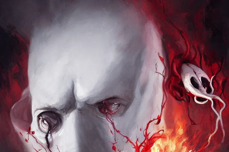 Image similar to painting by greg rutkowski of a flying crying human head and face that is chalk white in color, with tentacles coming of the neck, fiery red eyes, flying in a terrying hell like cavernous place