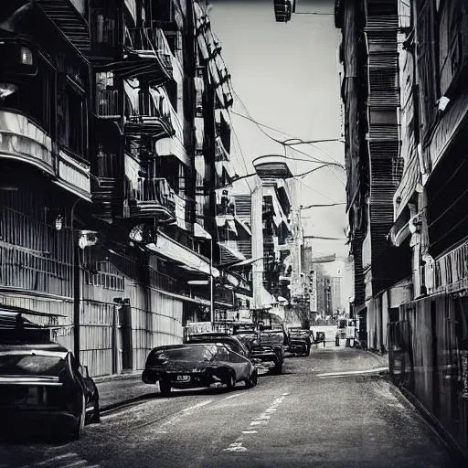 Image similar to daguerrotype photograph of cyberpunk city street, futuristic buildings, advanced cars, daguerrotype, grainy photograph