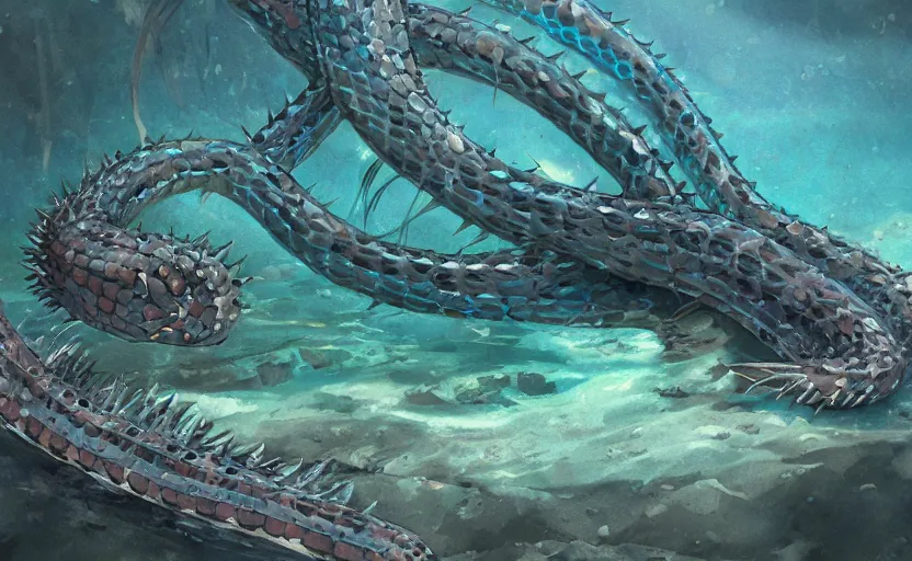 Image similar to large spiked water snake underwater, artstation