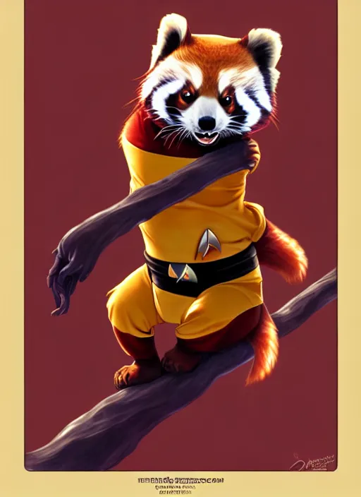 Image similar to cute star trek officer red panda, natural lighting, path traced, highly detailed, high quality, digital painting, by don bluth and ross tran and studio ghibli and alphonse mucha, artgerm