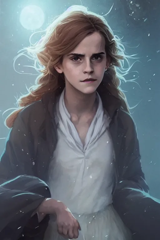 Image similar to Poster artwork, Emma Watson as Hermione Granger, wearing hogwarts robes, magnificent, medium close up, details, sharp focus, elegant, highly detailed, illustration, by Jordan Grimmer and greg rutkowski and PiNe(パイネ) and 薯子Imoko and 香川悠作 and wlop!!!! and maya takamura, intricate, beautiful, sunset!!!, Trending artstation, pixiv, digital Art