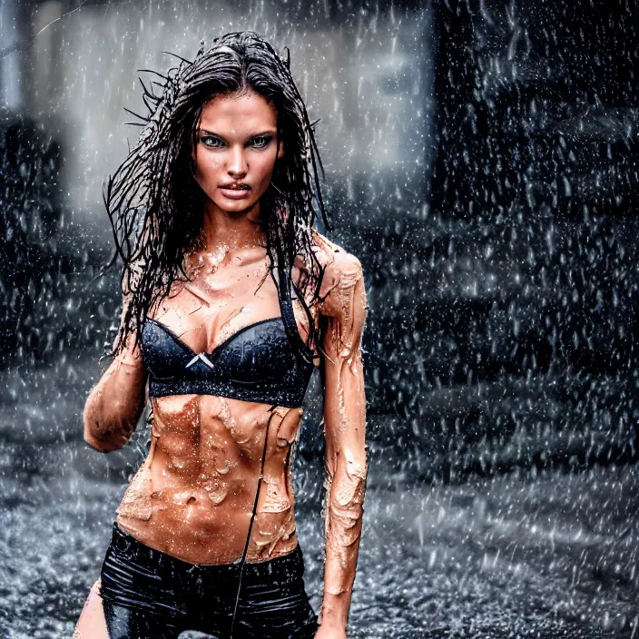 Image similar to fully body pose, photo of a very beautiful!! victoria secret model, female wolverine, wet hair, raining, 8 k, hdr, smooth, sharp focus, high resolution, award - winning photo, trending on artstation, dslr, 5 0 mm