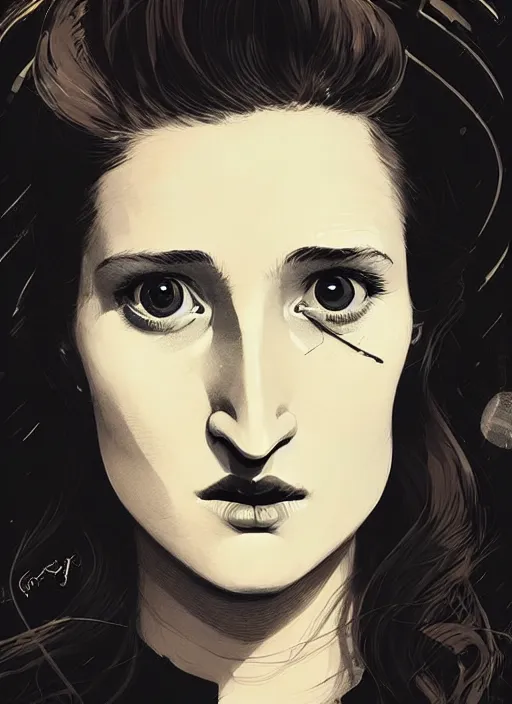 Image similar to highly detailed closeup portrait of beautiful grace gummer as dom dipierro, wavy ginger hair, black dress, by atey ghailan, by greg rutkowski, by greg tocchini, by james gilleard, by joe fenton, by kaethe butcher, gradient orange, black and white color scheme, grunge aesthetic!!! ( ( graffiti tag wall background ) )