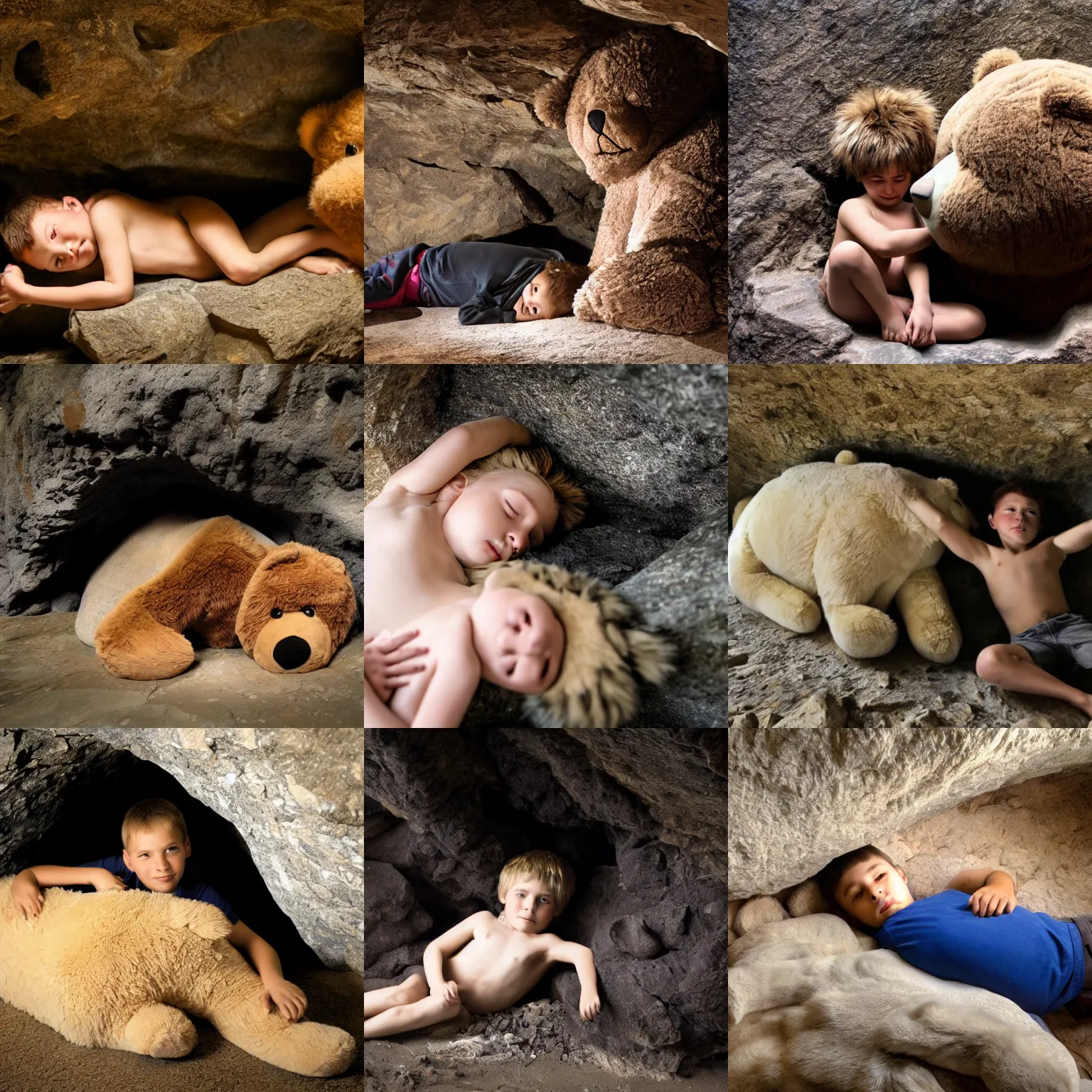 Image similar to a human child laying down with a large furry bear in a stone cave, dark background