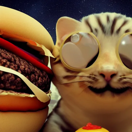 Image similar to cat in burger costume floating in space, digital art, trending on artstation 4k