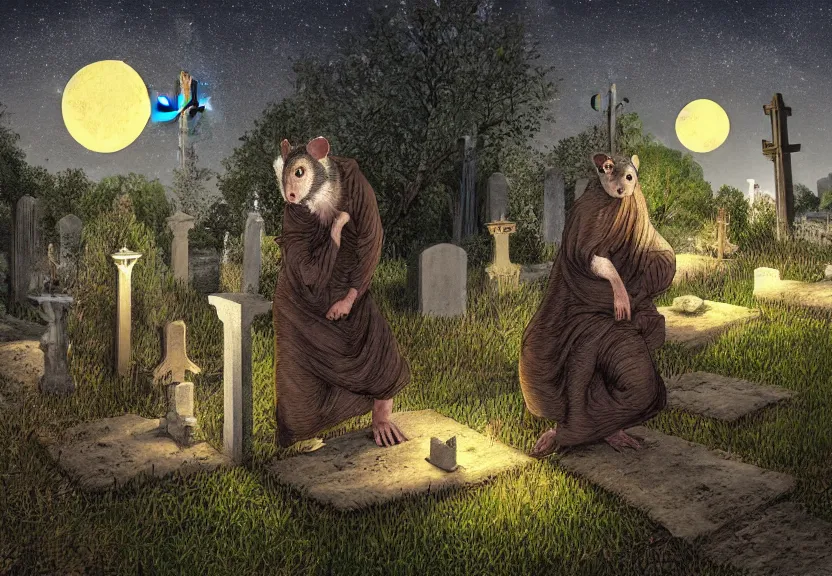 Image similar to a monk possum at a medieval cemetery at night, highly detailed, digital art, isometric