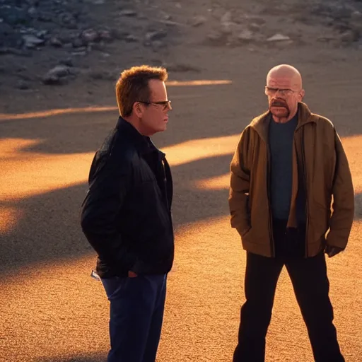 Image similar to movie still of Jack Bauer and Walter White arguing, 4k, golden hour, hyperdetailed