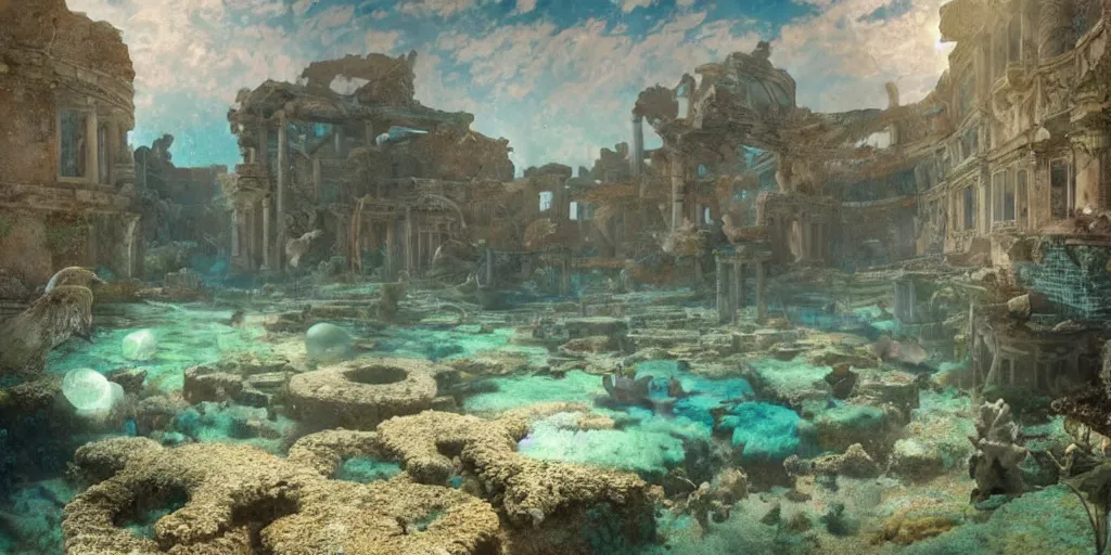 Prompt: hyper realist matte digital painting of an abandoned underwater city, ancient ruins, underwater photography, jugendstill, floating in water, bubbles rising, seaweed, fairytale, fantasy art, photo realistic, dynamic lighting, artstation, volumetric lighting, by mucha, by alma tadema