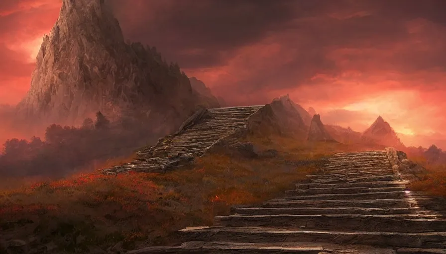 Image similar to a stone stairway leading into the heavens, fire, red sky, red rain, dark clouds, rule of thirds, highly detailed, volumetric lighting, trending on artstation, concept art, matte painting, 4k, octane render, art by ted nasmith and greg rutkowski