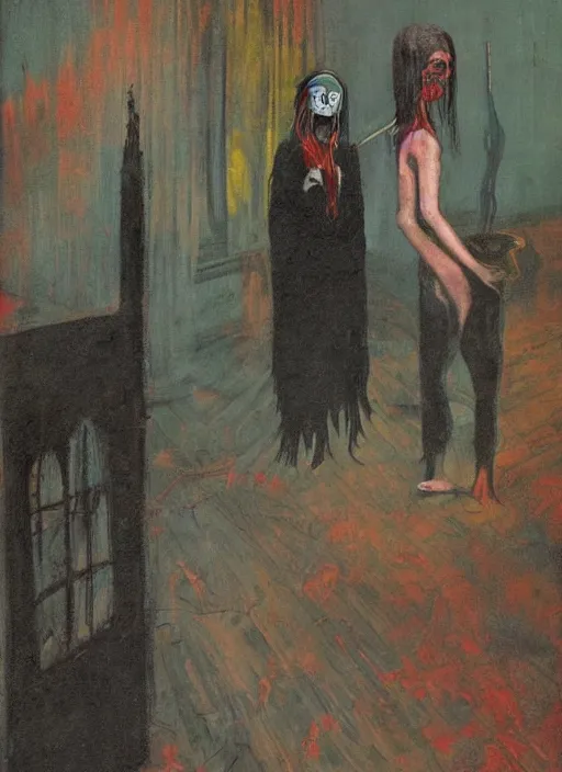 Prompt: two dark figures laughing inside a decayed Romanian motel room, Neo-Gothic, gothic, rich deep colors. intricate artwork in the style of Francis bacon, part by Gerhard Richter, part Edward Hopper and part Petra cortright, highly detailed, very coherent, horror, rich colours