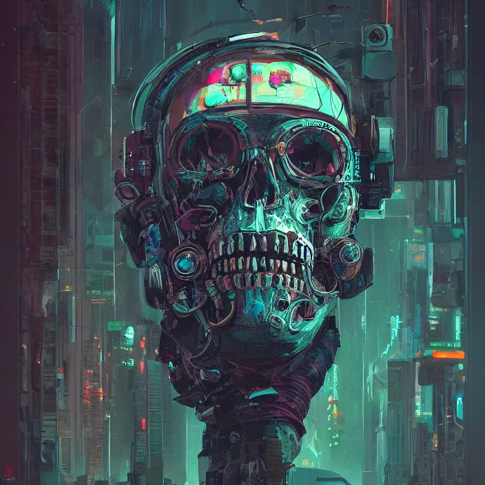 Image similar to a beautiful painting of a cyberpunk skull by pascal blanche and sachin teng and julian calle and nekro. in style of colorful comic noir illustration, symmetry, sci fi, hyper detailed. octane render. trending on artstation