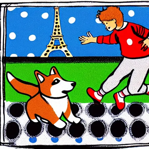Image similar to illustration of french boy in paris playing football against a corgi, the corgi is wearing a polka dot scarf