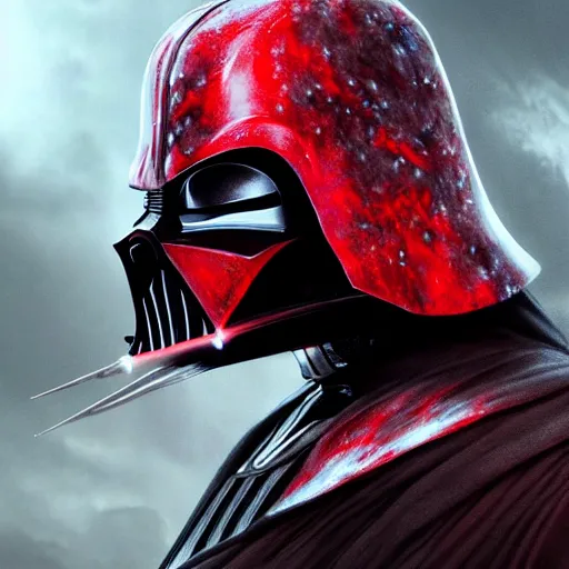 Prompt: extremely detailed depiction of rogue Darth Vader with a blood smeared mask, assassin, tattered, battered, glowing crimson head, crimson fire head, Ultron, fantasy art, fog, cinematic pose, 8k, villain