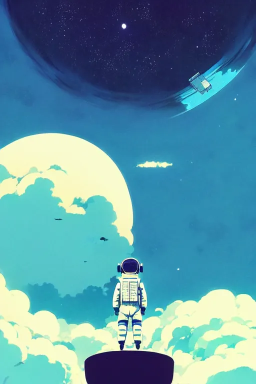 Image similar to cover of a astronaut by ilya kuvshinov, cloudy sky background lush landscape ln illustration concept art anime key visual trending pixiv by victo ngai fanbox by greg rutkowski makoto shinkai takashi takeuchi studio ghibli