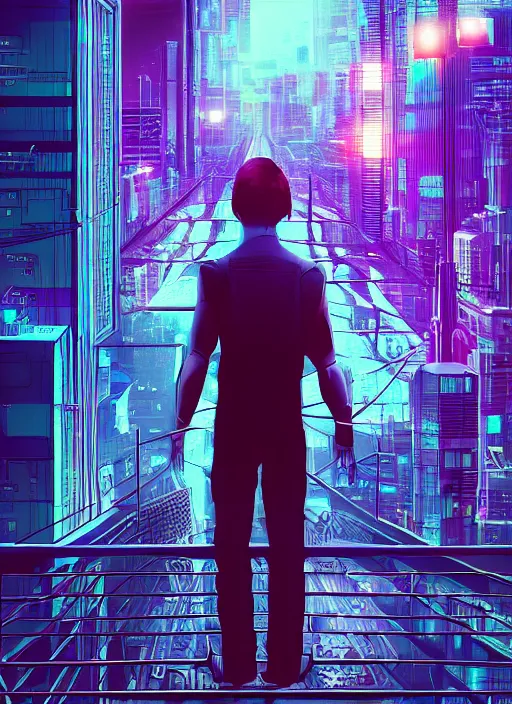 Image similar to Panfuturism cyberpunk art of a man standing on top of a bridge over a city, by Reuben Tam, Artstation contest winner, synthwave, retrowave, 2d game art