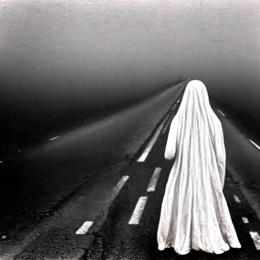 Image similar to 1 9 8 0's recovered film of a pale white figure standing silently on the side of a misty road, photorealistic, grainy, camcorder, old film, low quality, horror, creepy, unsettling, liminal, strangely terrifying