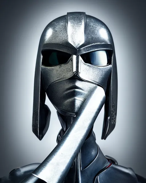 Image similar to realistic photo portrait of a metal hero sentai woman with human head, studio lighting, 1 5 0 mm