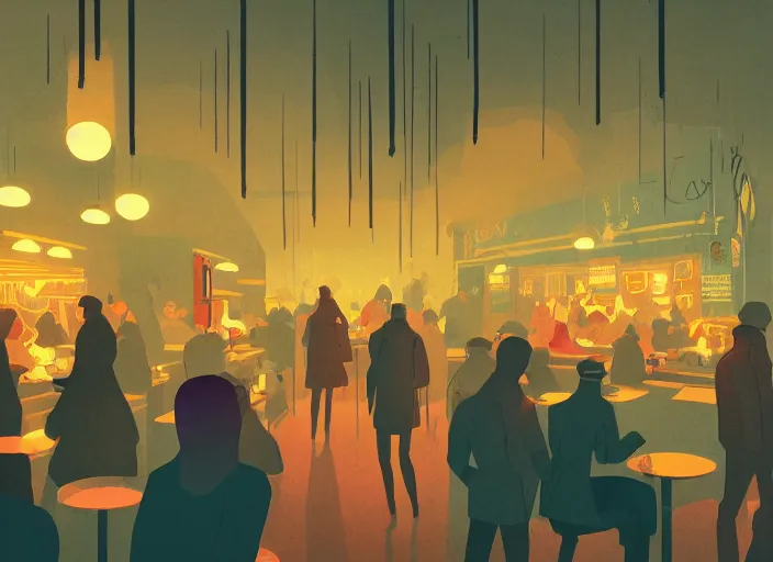 Image similar to illustrated crowded cafe interior, colorful, mads berg, karolis strautniekas, christopher balaskas, stippled light, low fog, moody, fine texture, editorial illustration, dramatic lighting, dynamic composition, detailed, matte print, muted color, ( ( victo ngai ) ), wide angle