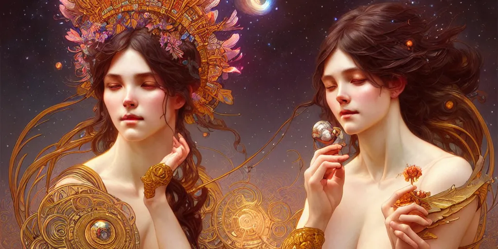 Prompt: a beautiful illustration of a cosmic goddess, intricate, sharp focus, illustration, highly detailed, digital painting, concept art, matte, art by wlop and artgerm and greg rutkowski and alphonse mucha, masterpiece