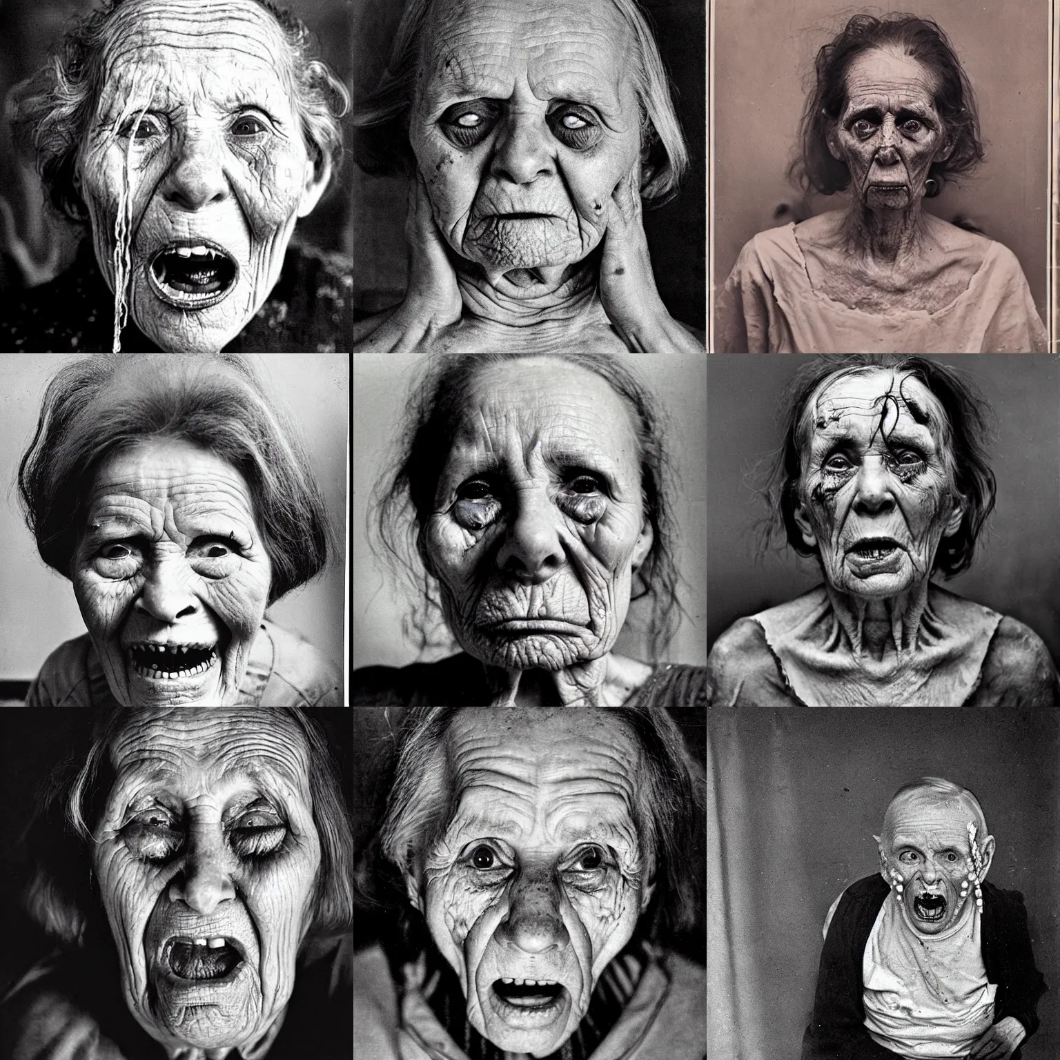 Prompt: terrifying portrait of a criminally insane elderly woman possessed by a demon, drooling, unkempt, wrinkled, gaunt, deep lines and shadows, highly disturbing, sanitarium archive photograph