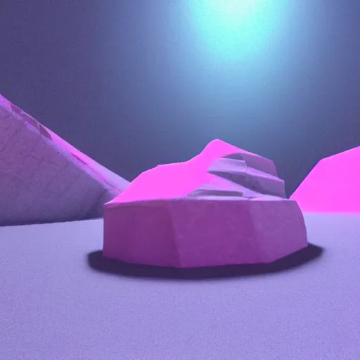 Prompt: a cycles render of a drunk tank pink beach in the metaverse, an abstract silver sculpture is center frame. Volumetric lighting, atmospheric, god rays. Small hyper realistic rocks are scattered on the floor.