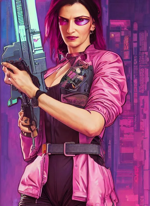 Image similar to cyberpunk woman wearing pink jumpsuit holding belt fed pistol. advertisement for pistol. cyberpunk ad poster by james gurney, azamat khairov, and alphonso mucha. artstationhq. painting with vivid color, cell shading. ( rb 6 s, cyberpunk 2 0 7 7 )