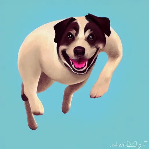 Image similar to digital painting depicting a flying cute planedog