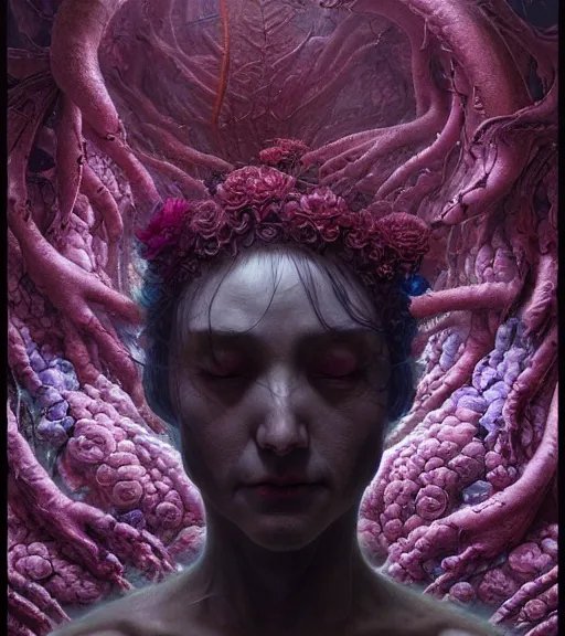 Prompt: portrait, descending into madness, flowers by wayne barlowe, toru kamei, artgerm and greg rutkowski, tanaka suguru, itsuko azuma, kinuko y. craft, mysterious, aesthetic!!! hyper detailed