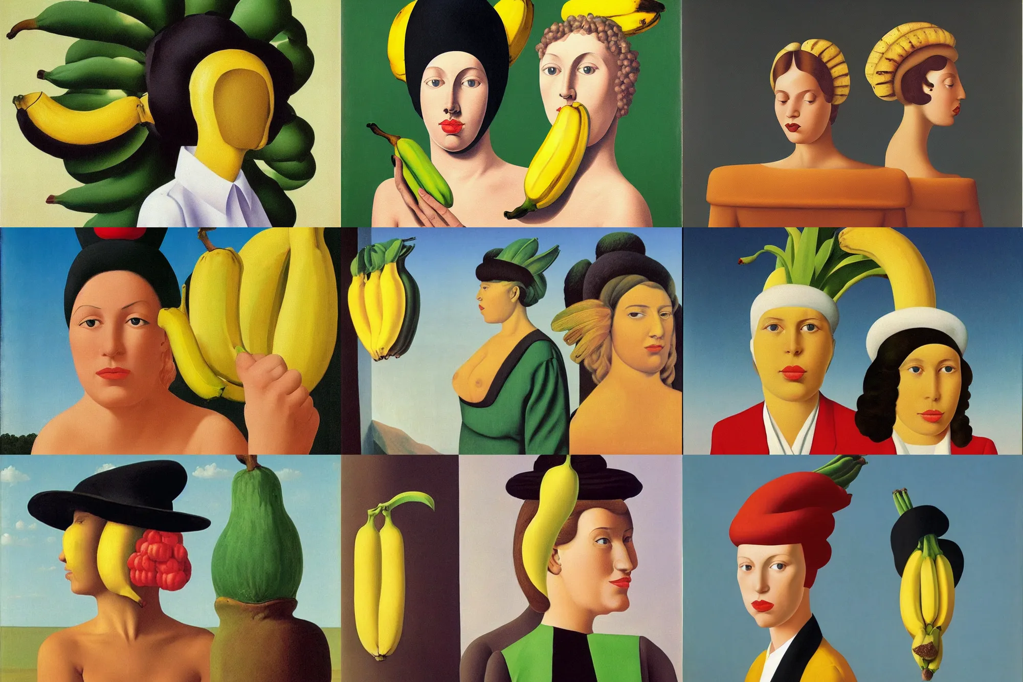 Prompt: a beautiful woman with a banana on her head, painting by René Magritte,