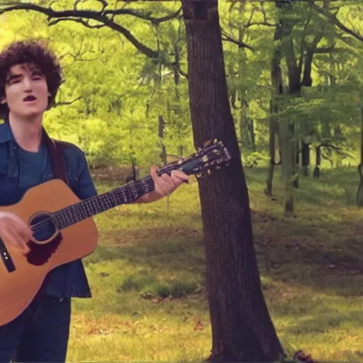 Prompt: Tim Buckley singing in a park, Cinematography by Roger Deakins