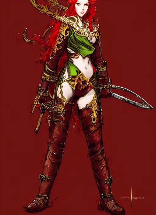 Image similar to Full body portrait of a handsome young red haired elven princess warrior wearing red, green and gold ornate leather jacket, golden tiara and an axe. In style of Yoji Shinkawa and Hyung-tae Kim, trending on ArtStation, dark fantasy, great composition, concept art, highly detailed.