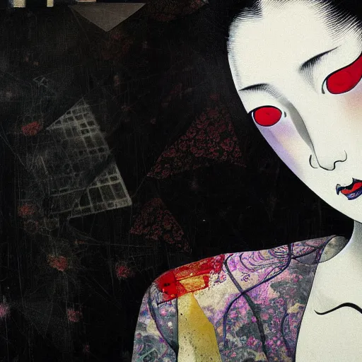 Image similar to yoshitaka amano blurred and dreamy three quarter angle portrait of a young woman with black lipstick and black eyes looking up and to the side wearing dress suit with tie, junji ito abstract patterns in the background, satoshi kon anime, noisy film grain effect, highly detailed, renaissance oil painting, weird portrait angle, blurred lost edges