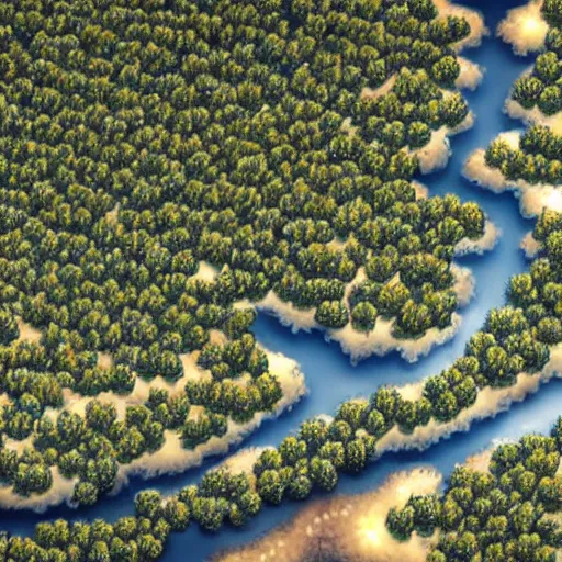 Image similar to a city on the moon with trees. river in the foreground. ocean in the background