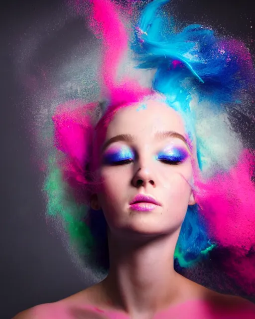 Image similar to a dramatic lighting photo of a beautiful young woman with cotton candy hair. paint splashes. with a little bit of cyan and pink