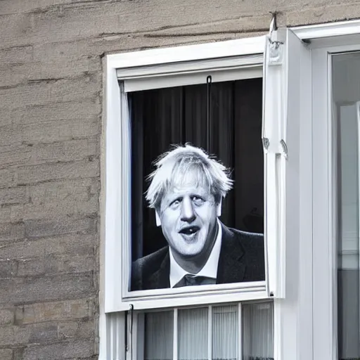 Prompt: window blinds in a house being pulled back to reveal a terrifying boris johnson staring at you through the window with his hand on the window, horror, black and white