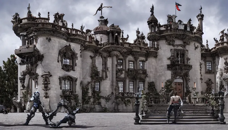 Image similar to Big budget movie about a cyborg fighting descarte's evil demon in a rococo castle