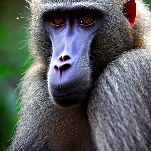 Image similar to a beautiful baboon portrait. Wistful and intelligent.