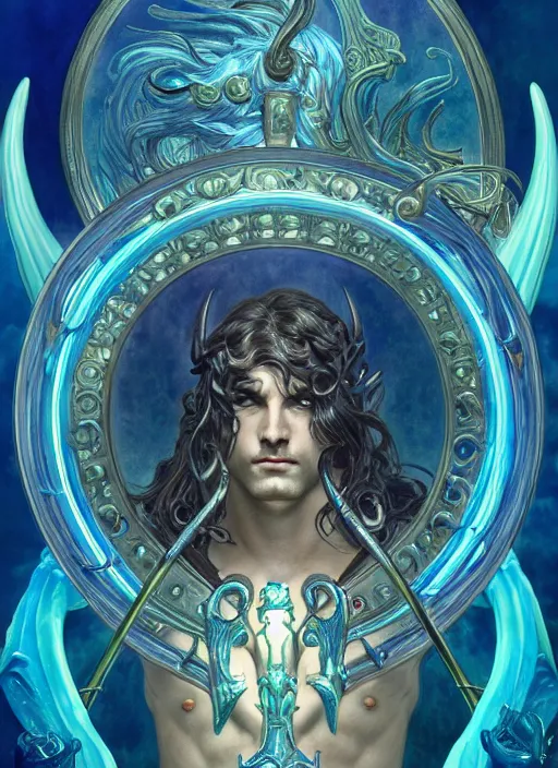 Image similar to the god poseidon with trident, glowing eyes, volumetric lights, blue and cyan scheme, art nouveau botanicals, gothic, intricate, highly detailed, digital painting, artstation, concept art, smooth, sharp focus, symmetric face, illustration, art by artgerm and greg rutkowski and alphonse mucha