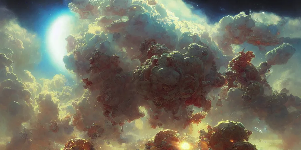 Prompt: supernova, flying plant factory producing clouds in space, painted by ruan jia, raymond swanland, lawrence alma tadema, zdzislaw beksinski, norman rockwell, jack kirby, tom lovell, alex malveda, greg staples