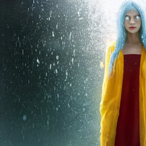 Image similar to a beautiful girl with long blue hair in a ponytail, with bangs, pale skin, yellow eyes, fully clothed in red robes, highly detailed, 8 k, octane render, professional portrait, realistic oil painting, rainy window, volumetric lighting, water droplets frozen in time, sprites, god rays,