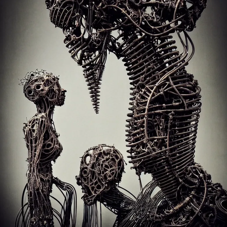 Image similar to portrait of abandoned ribbed biomechanical mechanical organic sculpture of two kissing cyborgs, covered with wires, spines, roots, ash, mold, meat, baroque painting, standing in a desolate empty wasteland, creepy, nightmare, dream-like heavy atmosphere, dark fog, surreal abandoned buildings, baroque painting, beautiful detailed intricate insanely detailed octane render trending on Artstation, 8K artistic photography, photorealistic, volumetric cinematic light, chiaroscuro, zoomed out, Raphael, Caravaggio, Beksinski, Giger