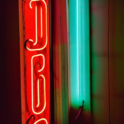 Prompt: Vintage neon sign that spells DYSKOTEKA, hung above the door, late summer evening, long exposure, 35mm f8