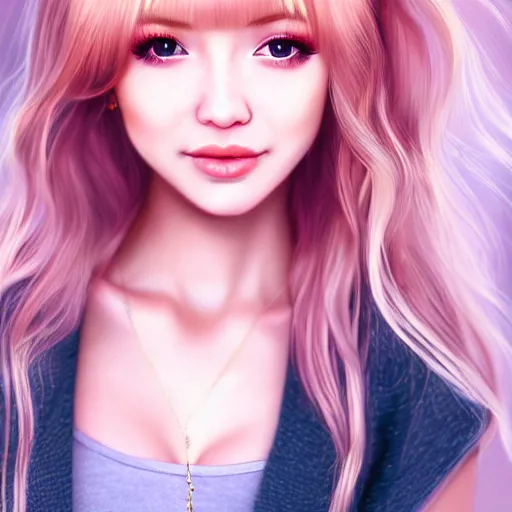 Image similar to beautiful hyperrealism hyperdetailed portrait of nikki from shining nikki dress - up game, a cute young woman, light pink hair, long hair with full bangs, full heart - shaped face, hazel amber eye color, pale skin, light blush, chinese heritage,, smiling softly, golden hour, soft focus, 8 k,