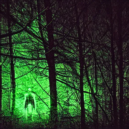 Image similar to grainy trail cam photo still of an alien in the woods at night hiding in the trees of a forest