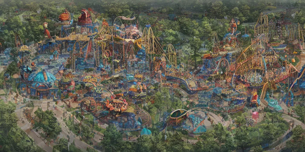 Image similar to abandoned amusement park overview mapa design, Moebius, Greg Rutkowski, Zabrocki, Karlkka, Jayison Devadas, Phuoc Quan, trending on Artstation, 8K, ultra wide angle, pincushion lens effect