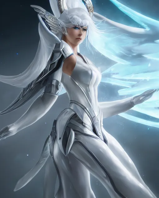 Image similar to perfect white haired attractive egyptian goddess with huge white dove wings, warframe armor, beautiful, symmetric, dreamy, half asian, pretty face, blue eyes, detailed, scifi platform, laboratory, experiment, 4 k, ultra realistic, epic lighting, android body, illuminated, cinematic, masterpiece, art by akihito tsukushi, voidstar