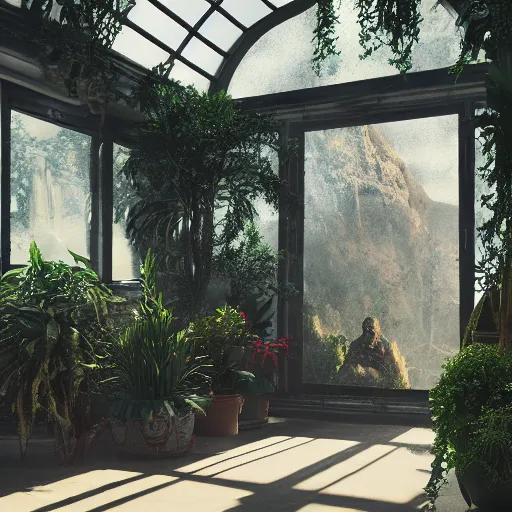 Image similar to sunroom filled and made of plants intricate artwork by artstation. halo. octane render, cinematic, hyper realism, octane render, 8k, bokeh, demonic, dark, devil, demons, mist, red illuminating fog, rocks, hell. scheme.