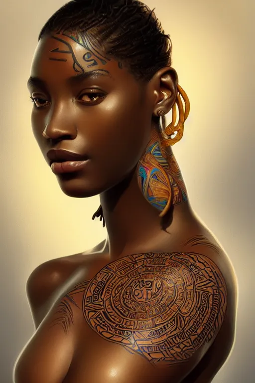 Prompt: body portrait of beautiful nubian ancestral tribal tattooed young pincess, underwater photography full body portrait of a young beautiful woman swimming low angle by terry o'neill intricate, elegant, highly detailed, digital painting, artstation, concept art, smooth, sharp focus, illustration, art by artgerm and greg rutkowski and alphonse mucha, 8 k